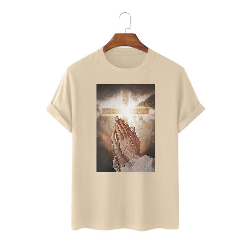 Christianartworkshop Retro Style Hand of Jesus Pray Short Sleeve Washed T-shirt