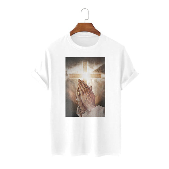 Christianartworkshop Retro Style Hand of Jesus Pray Short Sleeve Washed T-shirt