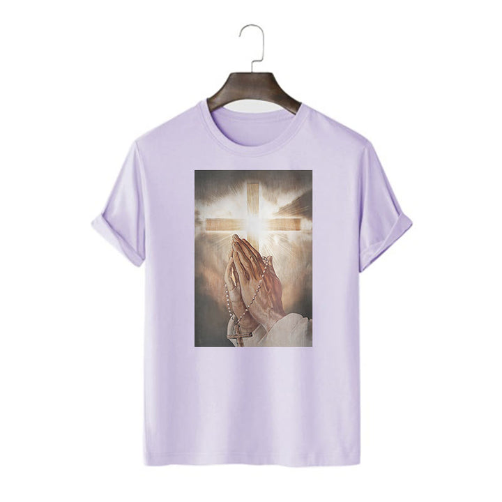 Christianartworkshop Retro Style Hand of Jesus Pray Short Sleeve Washed T-shirt