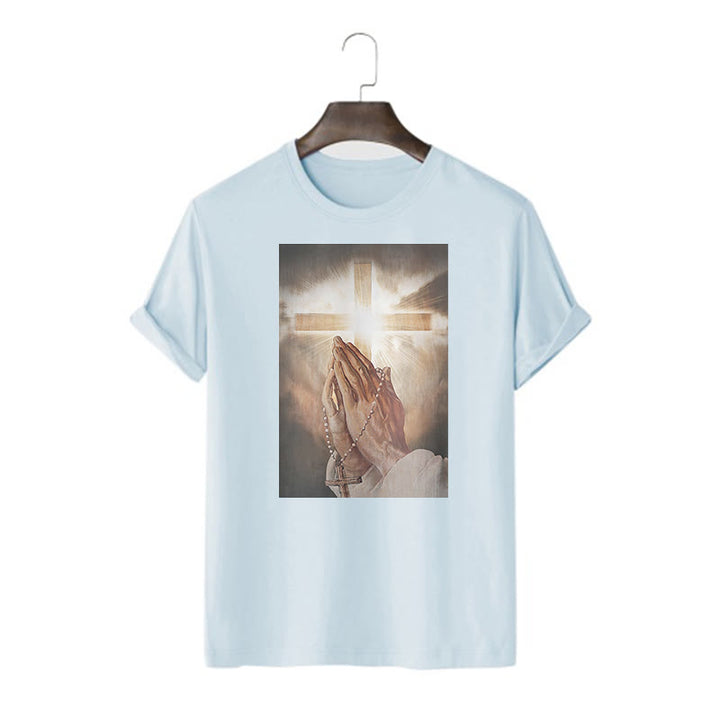 Christianartworkshop Retro Style Hand of Jesus Pray Short Sleeve Washed T-shirt