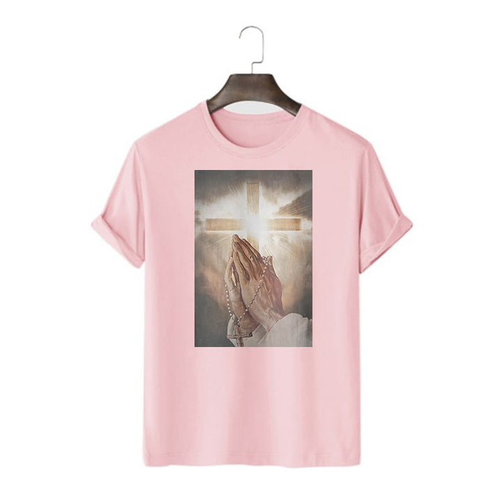 Christianartworkshop Retro Style Hand of Jesus Pray Short Sleeve Washed T-shirt