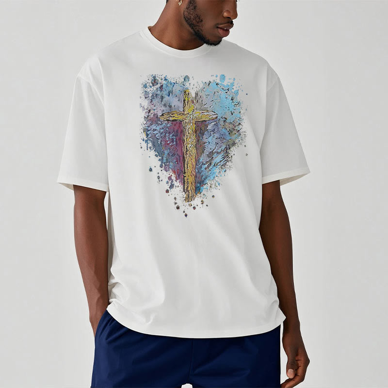 Christianartworkshop Classic Style Cross my Heart Short Sleeve Washed T-shirt