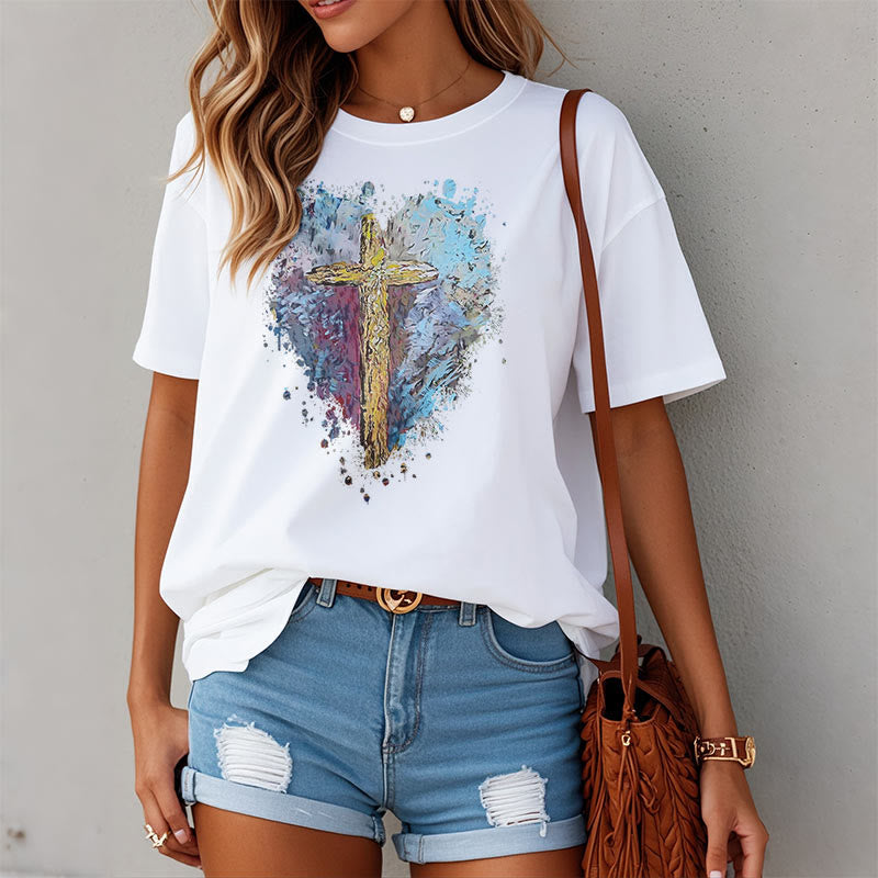 Christianartworkshop Classic Style Cross my Heart Short Sleeve Washed T-shirt