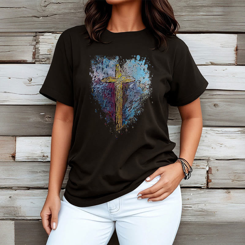 Christianartworkshop Classic Style Cross my Heart Short Sleeve Washed T-shirt