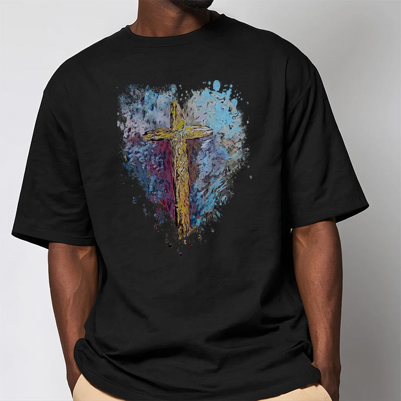 Christianartworkshop Classic Style Cross my Heart Short Sleeve Washed T-shirt