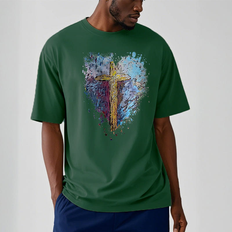 Christianartworkshop Classic Style Cross my Heart Short Sleeve Washed T-shirt