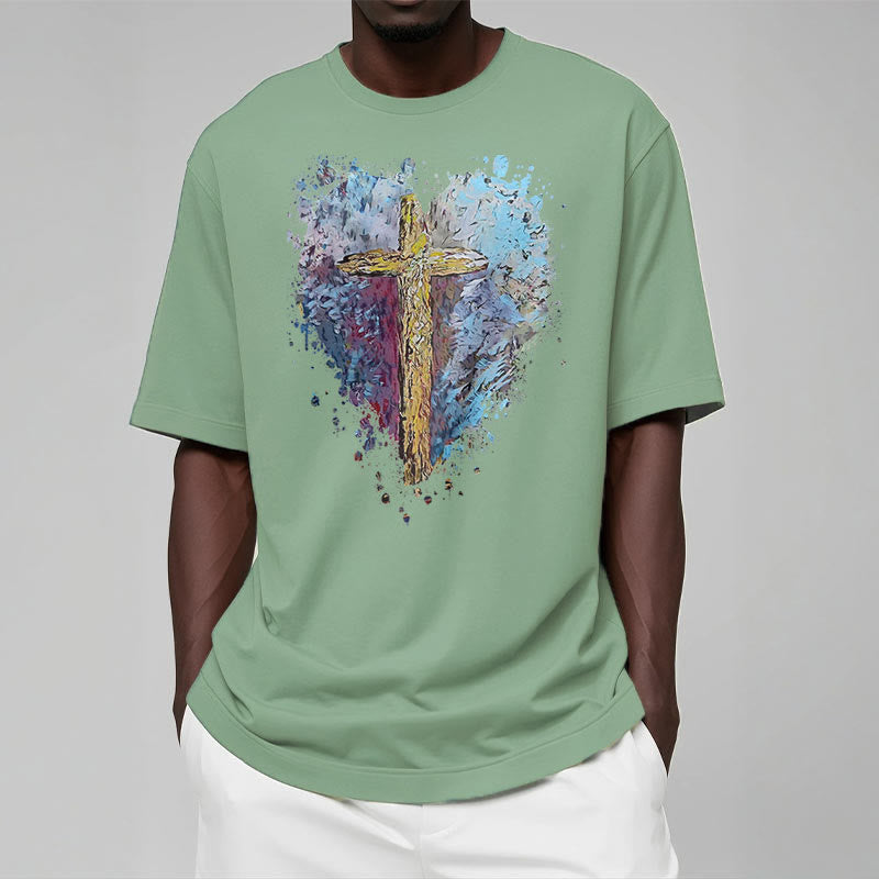 Christianartworkshop Classic Style Cross my Heart Short Sleeve Washed T-shirt