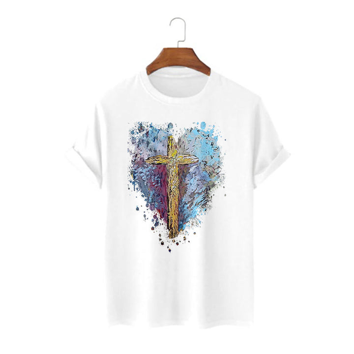 Christianartworkshop Classic Style Cross my Heart Short Sleeve Washed T-shirt