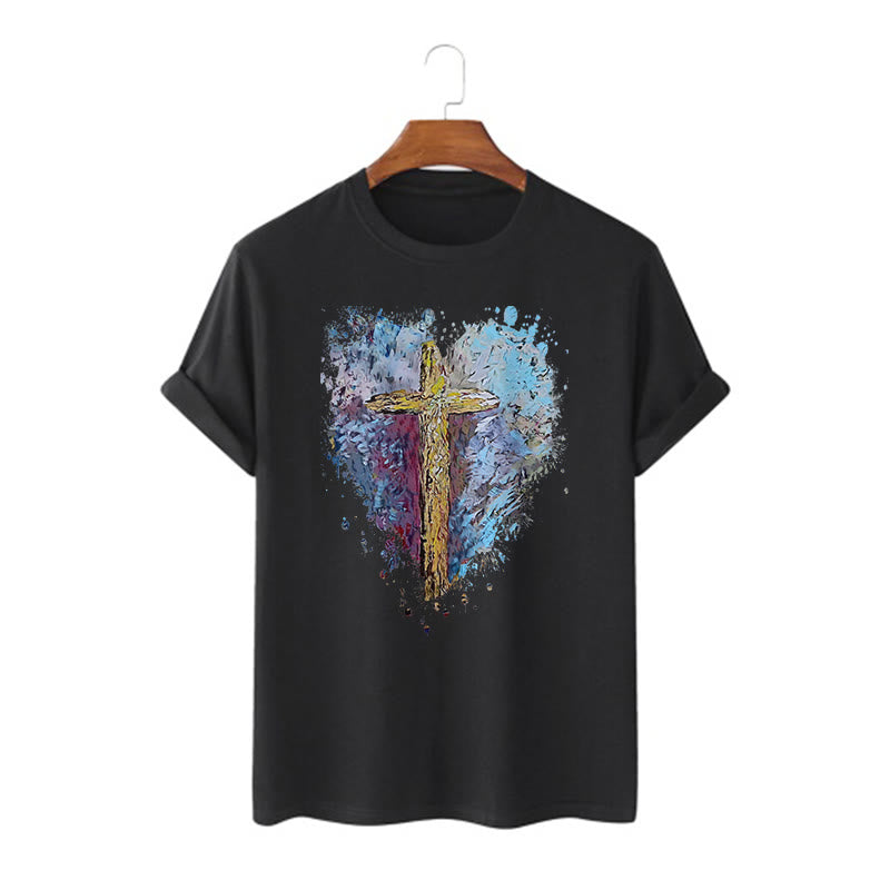 Christianartworkshop Classic Style Cross my Heart Short Sleeve Washed T-shirt