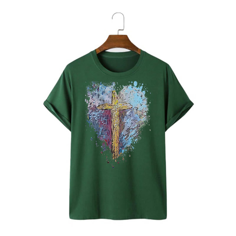 Christianartworkshop Classic Style Cross my Heart Short Sleeve Washed T-shirt