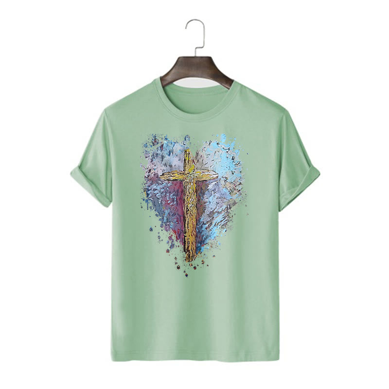 Christianartworkshop Classic Style Cross my Heart Short Sleeve Washed T-shirt