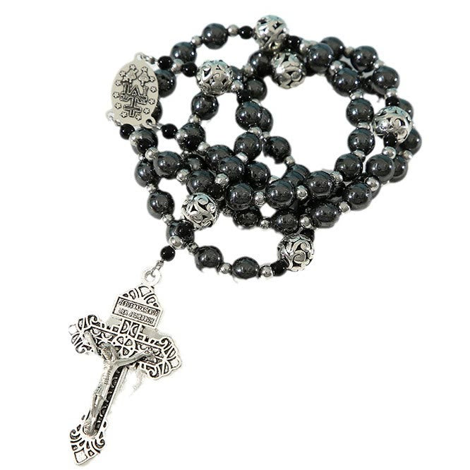 Christian Art Miraculous Medal & Crucifix of 8 mm Round Black Gallstone Nylon Cord Rosary