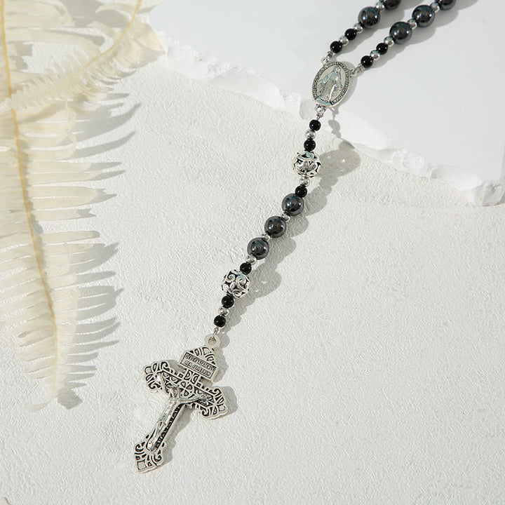 Christian Art Miraculous Medal & Crucifix of 8 mm Round Black Gallstone Nylon Cord Rosary