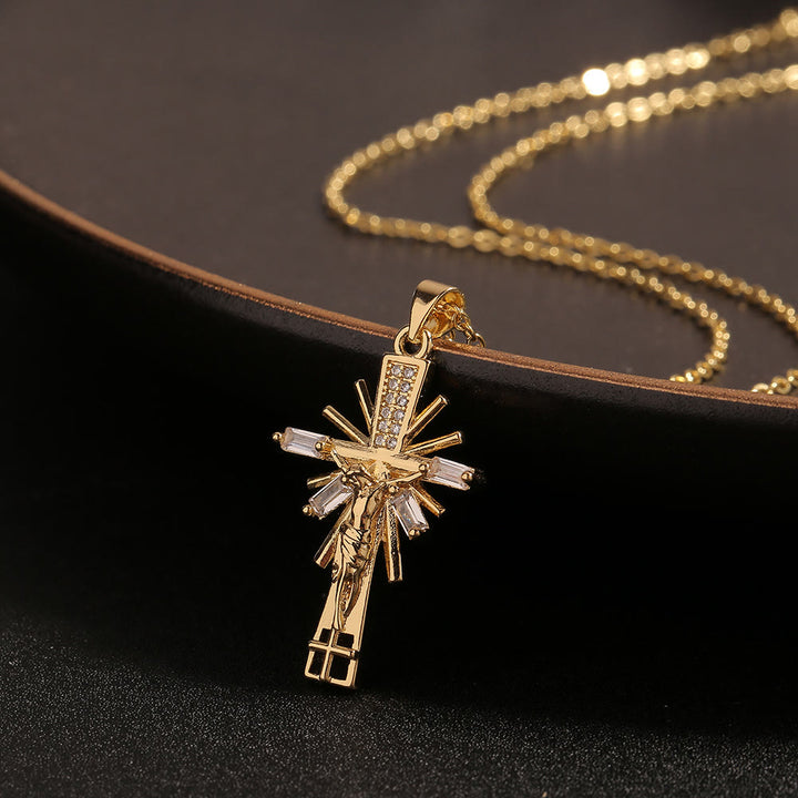 Christian Art Lightweight Luxury Style Crucifix with Diamonds Pendant Necklace