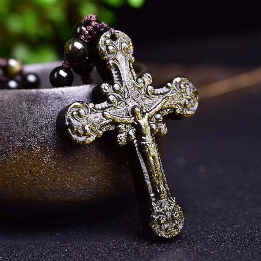 Christian Art Retro Claasic Style Hand Carved Natural Stone Obsidian Crucifix Pendant Necklace