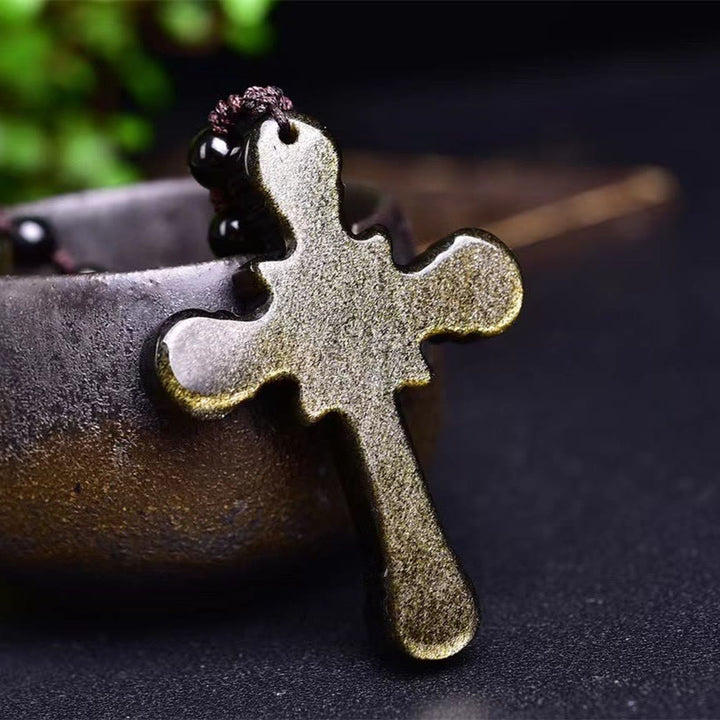 Christian Art Retro Claasic Style Hand Carved Natural Stone Obsidian Crucifix Pendant Necklace