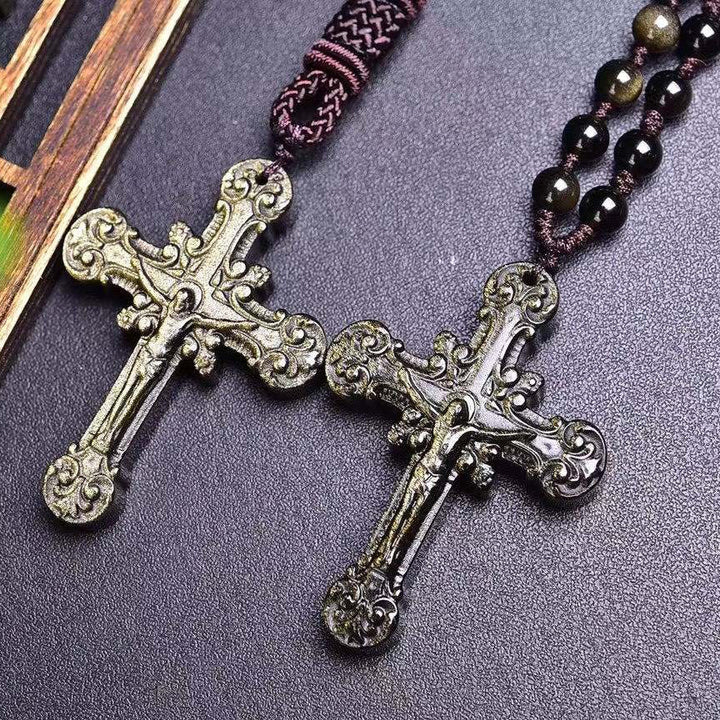 Christian Art Retro Claasic Style Hand Carved Natural Stone Obsidian Crucifix Pendant Necklace