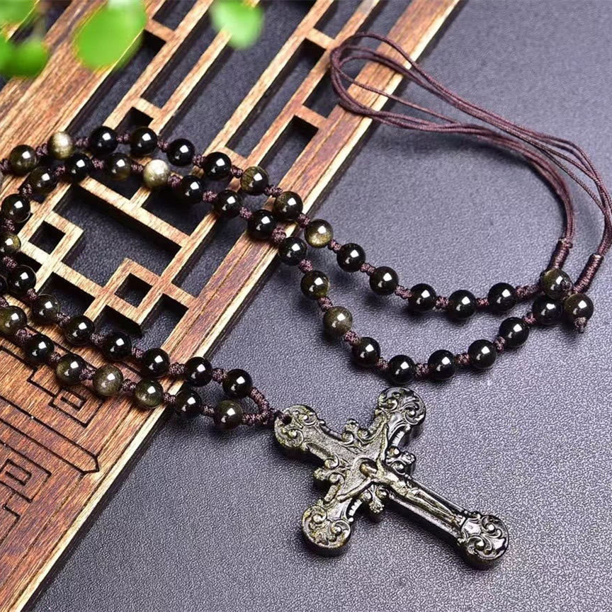 Christian Art Retro Claasic Style Hand Carved Natural Stone Obsidian Crucifix Pendant Necklace