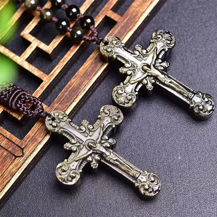 Christian Art Retro Claasic Style Hand Carved Natural Stone Obsidian Crucifix Pendant Necklace