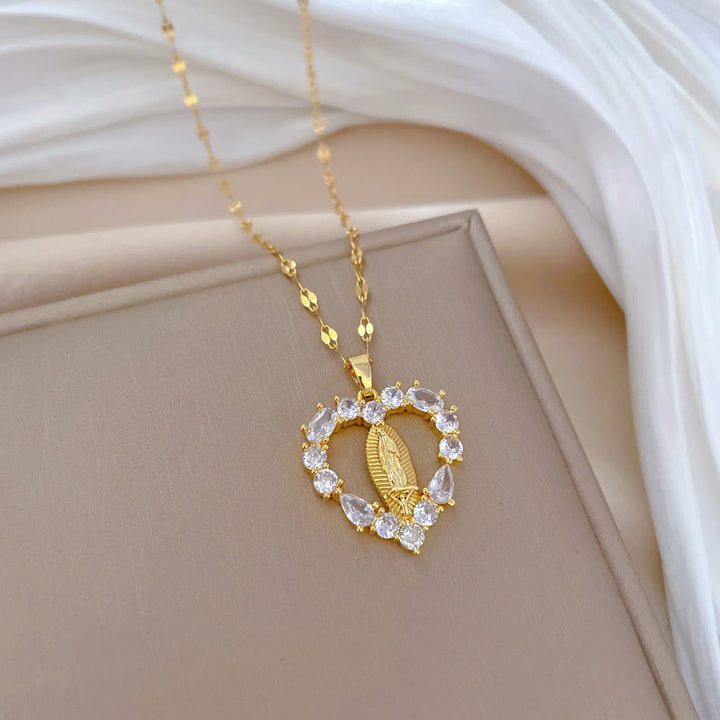 Christianartworkshop Luxury Style Heart-shaped Gemstone Encrusted Our Lady of Guadalupe Pendant Necklace