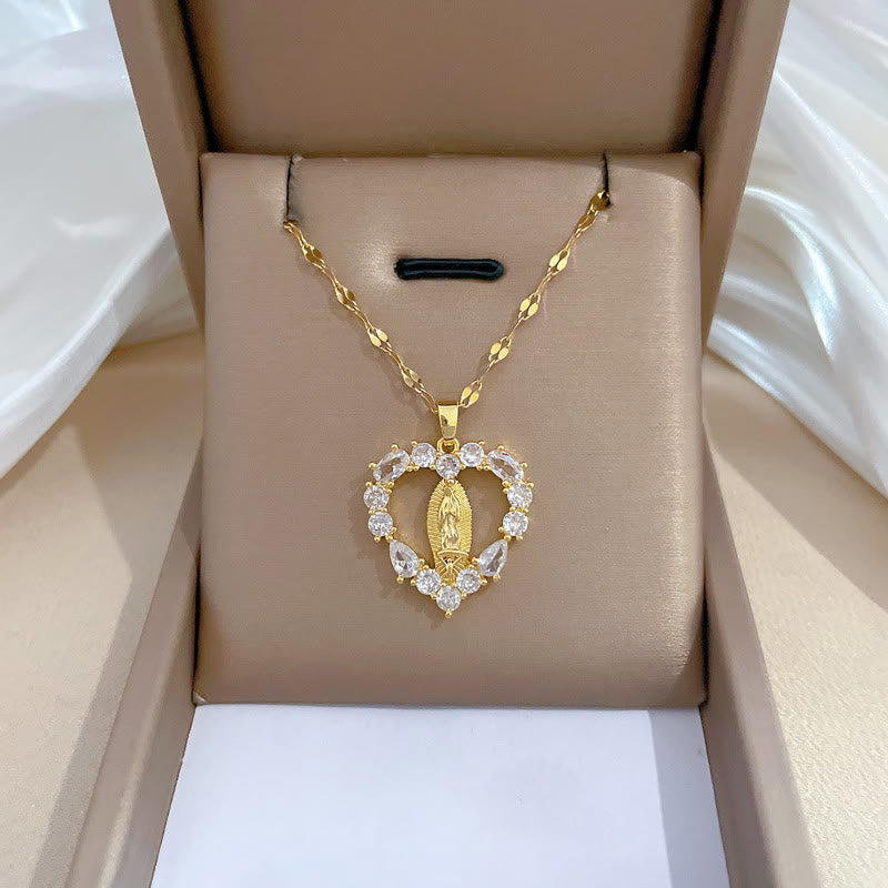 Christianartworkshop Luxury Style Heart-shaped Gemstone Encrusted Our Lady of Guadalupe Pendant Necklace