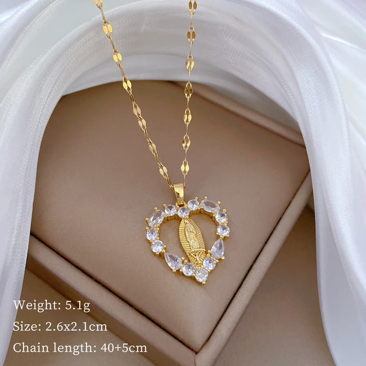 Christian Art Luxury Style Heart-shaped Gemstone Encrusted Our Lady of Guadalupe Pendant Necklace