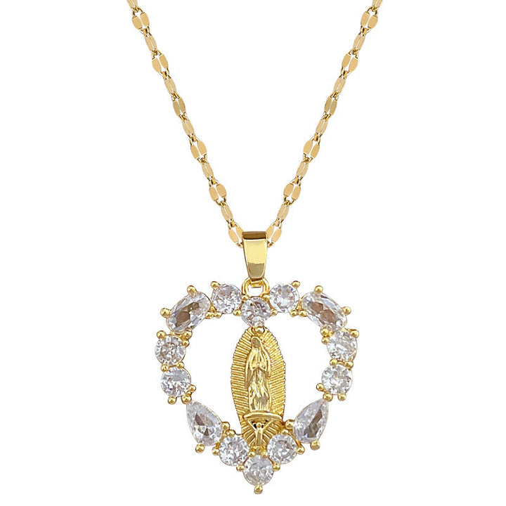 Christian Art Luxury Style Heart-shaped Gemstone Encrusted Our Lady of Guadalupe Pendant Necklace