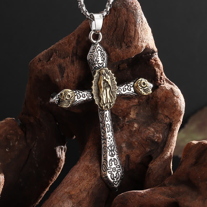 Christian Art Classic Style Retro Crucifix with Our Lady of Guadalupe Pendant Necklace