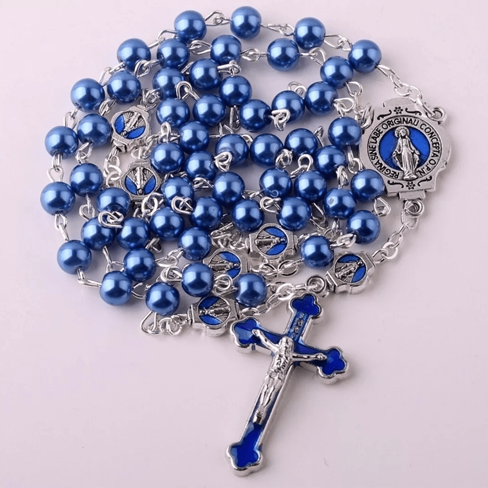 Christian Art Miraculous Medal & Crucifix of 6 mm Round Blue Glass Alloy Chain Rosary