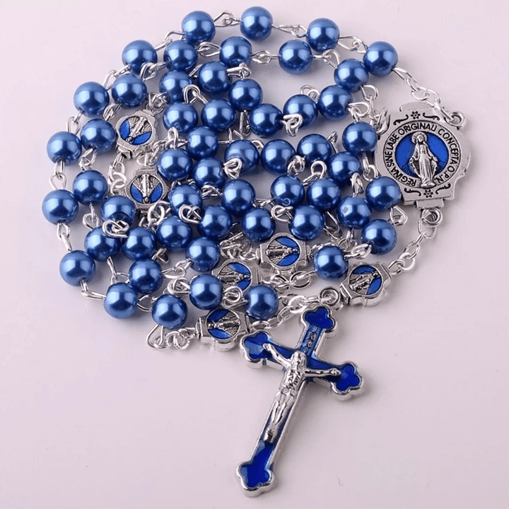 Christianartworkshop Miraculous Medal & Crucifix of 6 mm Round Blue Glass Alloy Chain Rosary