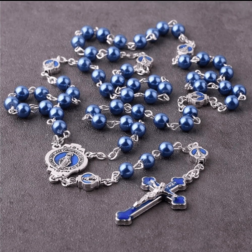 Christianartworkshop Miraculous Medal & Crucifix of 6 mm Round Blue Glass Alloy Chain Rosary