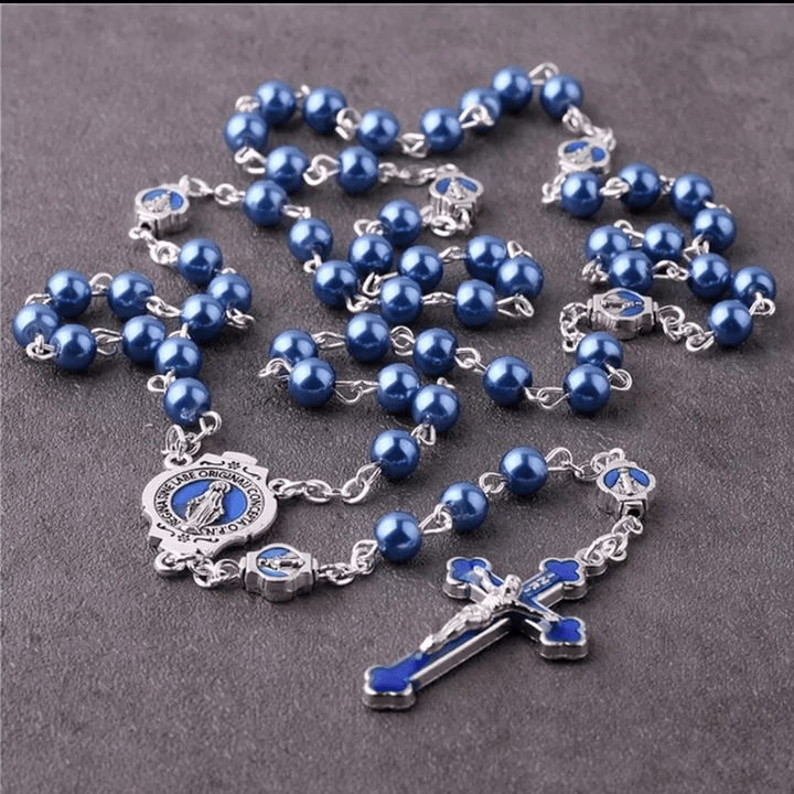 Christian Art Miraculous Medal & Crucifix of 6 mm Round Blue Glass Alloy Chain Rosary