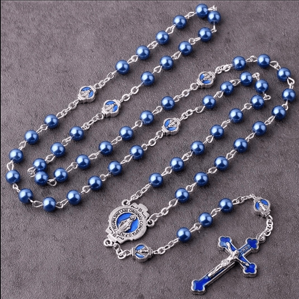 Christianartworkshop Miraculous Medal & Crucifix of 6 mm Round Blue Glass Alloy Chain Rosary