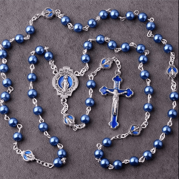 Christian Art Miraculous Medal & Crucifix of 6 mm Round Blue Glass Alloy Chain Rosary