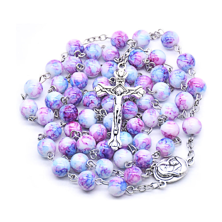 Christianartworkshop Madonna and Child & Crucifix of 6 mm Round Purple Glass Alloy Chain Rosary