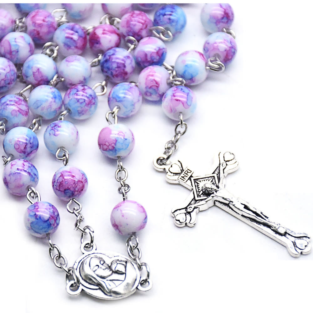 Christian Art Madonna and Child & Crucifix of 6 mm Round Purple Glass Alloy Chain Rosary