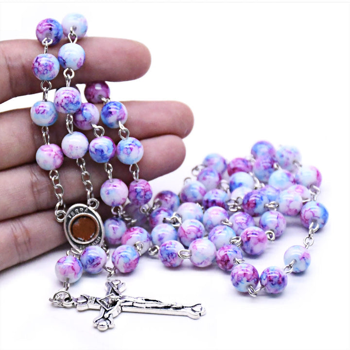 Christian Art Madonna and Child & Crucifix of 6 mm Round Purple Glass Alloy Chain Rosary