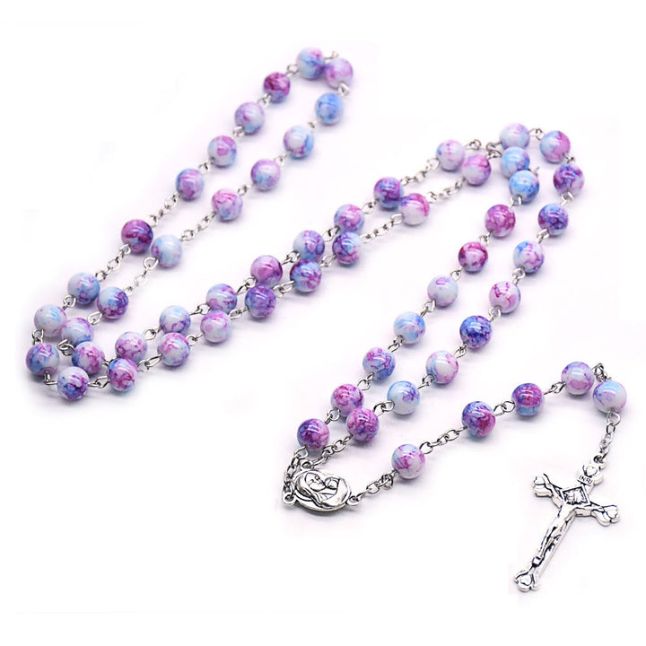 Christian Art Madonna and Child & Crucifix of 6 mm Round Purple Glass Alloy Chain Rosary