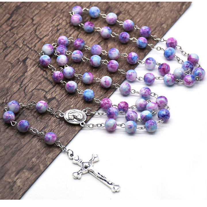 Christianartworkshop Madonna and Child & Crucifix of 6 mm Round Purple Glass Alloy Chain Rosary