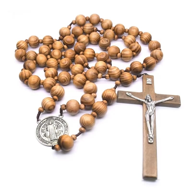 FREE Today: Christian Art St. Benedict Medal & Crucifix of 15 mm Round Brown Wood Nylon Cord Wall Hanging Rosary