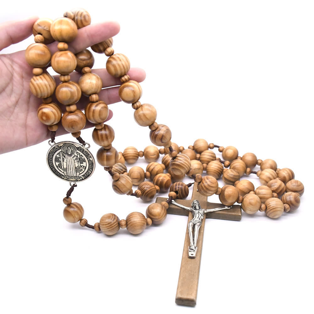 FREE Today: Christian Art St. Benedict Medal & Crucifix of 15 mm Round Brown Wood Nylon Cord Wall Hanging Rosary