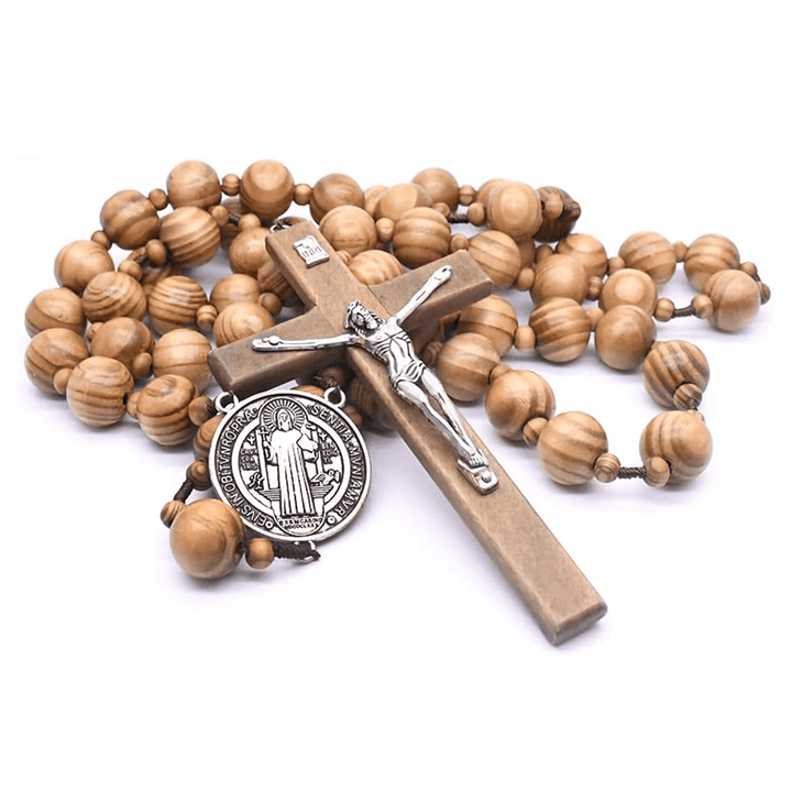 FREE Today: Christian Art St. Benedict Medal & Crucifix of 15 mm Round Brown Wood Nylon Cord Wall Hanging Rosary