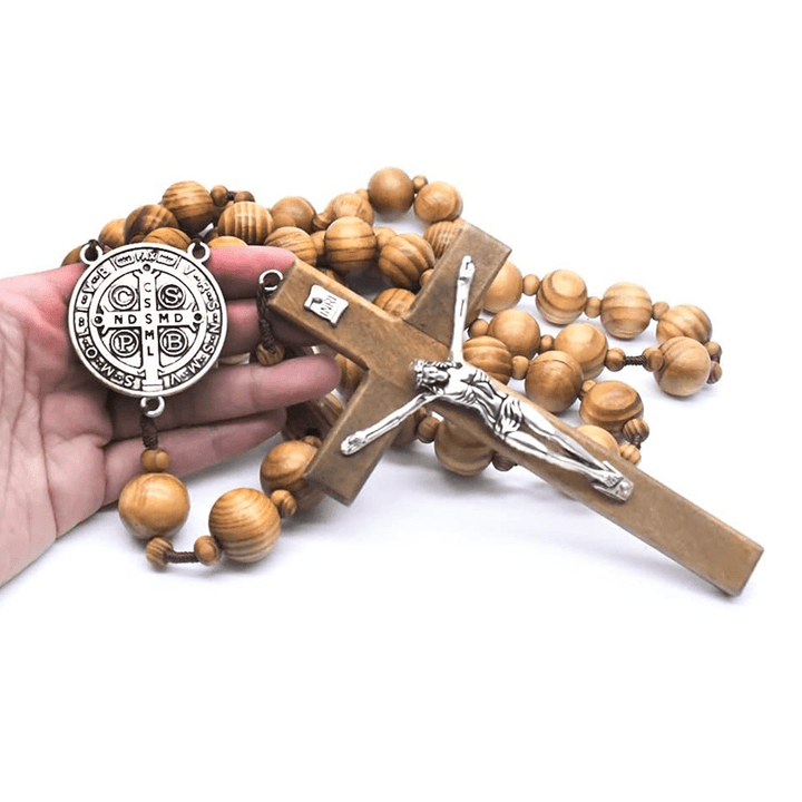 FREE Today: Christian Art St. Benedict Medal & Crucifix of 15 mm Round Brown Wood Nylon Cord Wall Hanging Rosary