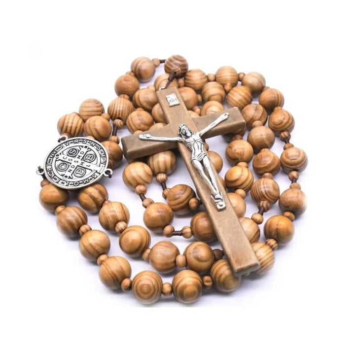 FREE Today: Christian Art St. Benedict Medal & Crucifix of 15 mm Round Brown Wood Nylon Cord Wall Hanging Rosary