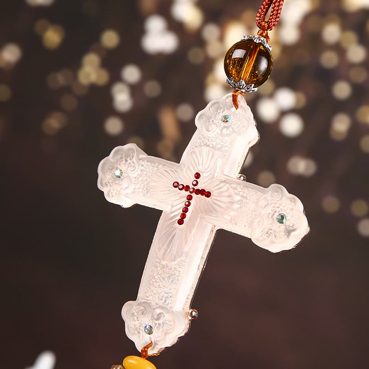 Christianartworkshop Modern Style Car Pendant Crafted Crucifix Crystal Tassels Car Hanging Ornaments