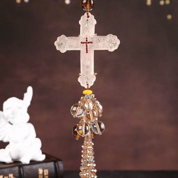 Christian Art Modern Style Car Pendant Crafted Crucifix Crystal Tassels Car Hanging Ornaments