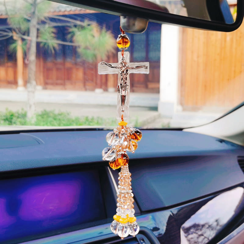 Christian Art Modern Style Car Pendant Crafted Crucifix Crystal Tassels Car Hanging Ornaments