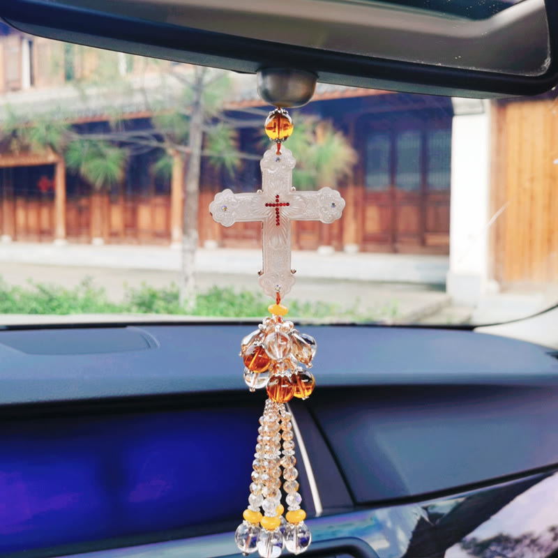 Christian Art Modern Style Car Pendant Crafted Crucifix Crystal Tassels Car Hanging Ornaments