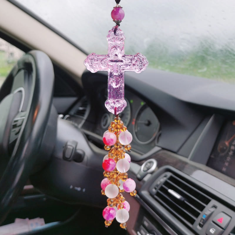 Christianartworkshop Modern Style Car Pendant Crafted Crucifix Crystal Tassels Car Hanging Ornaments