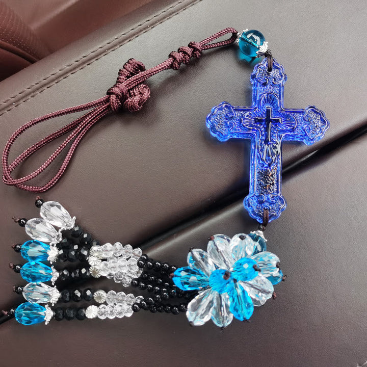 Christianartworkshop Modern Style Car Pendant Crafted Crucifix Crystal Tassels Car Hanging Ornaments